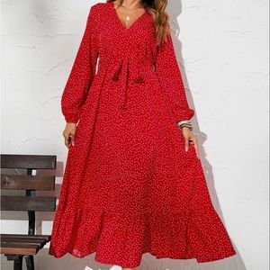 Red polka dot long length maxi dress